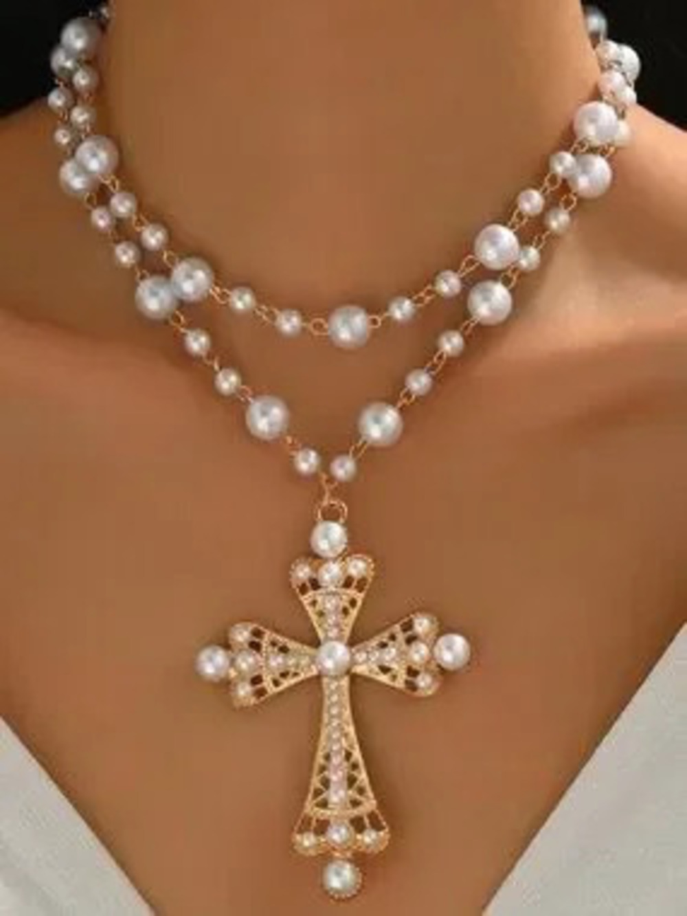 Anthropologie Gold-Tone Pearl Cross Pendant Necklace - White Pearls